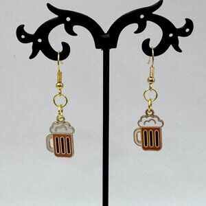 Handmade Fun Beer Mug Earrings! Gold tone fishhook wires, NWT.